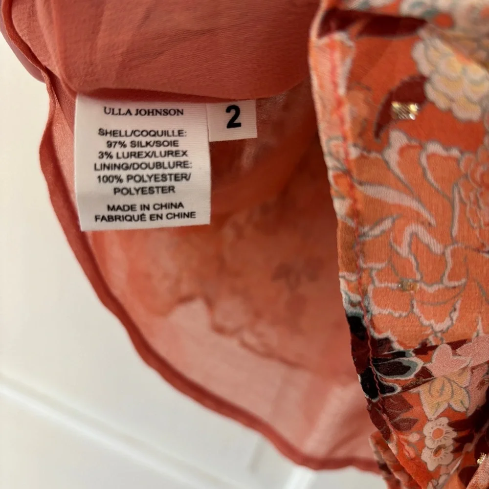 Ulla‎ Johnson Tamara Dress Silk Mini Metallic Floral Print Coral Size 2 Tiered